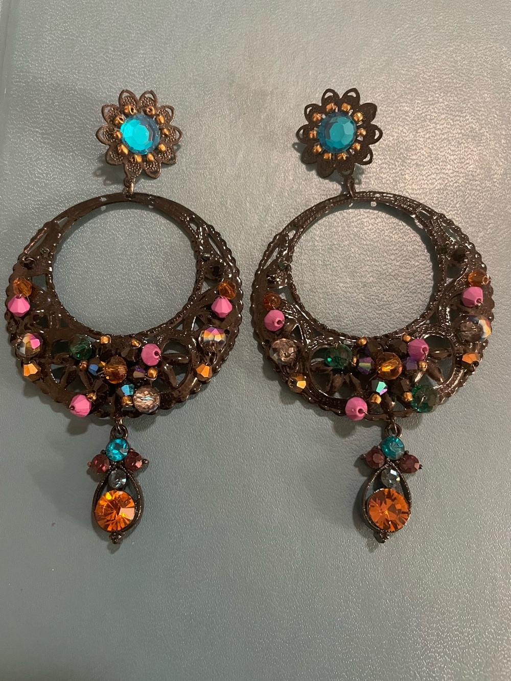 Vintage Inspired Boho Antiqued Brass Filigree Chandelier Hoop Earrings Crystals